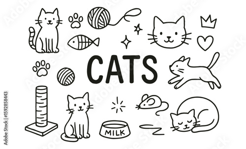 Cute doodle cats with toys and accessories in black and white outline