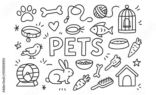Hand drawn doodle set of cute pet items and animals