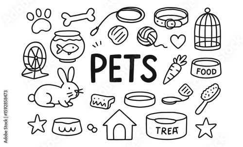 Charming pet icons: hand drawn doodles of animals, toys, and accessories
