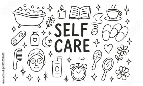 Self care doodle art set featuring bath, relaxation, and wellness elements
