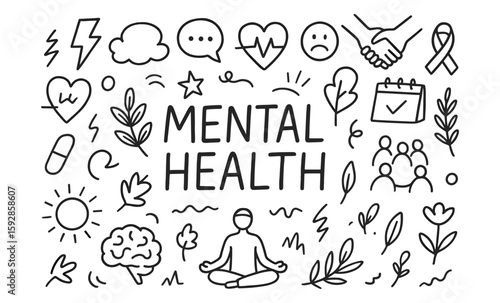 Mental health doodle art: wellness and self-care in linear style