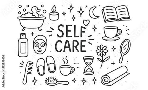 Self care doodles: wellness and relaxation in black and white