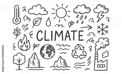 Hand-drawn climate elements with weather symbols and environmental icons