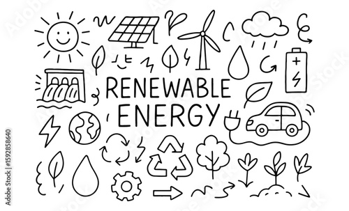 Hand-drawn renewable energy doodles with solar, wind, and eco-friendly symbols