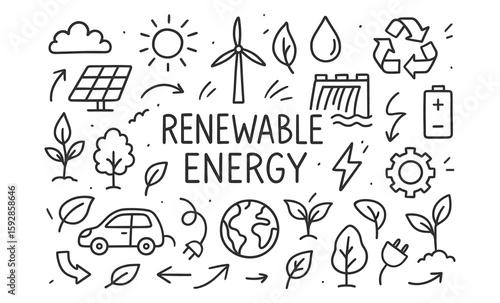 Renewable energy icons featuring solar, wind, and eco elements in linear style