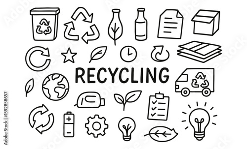 Hand drawn recycling icons set featuring eco-friendly symbols and elements