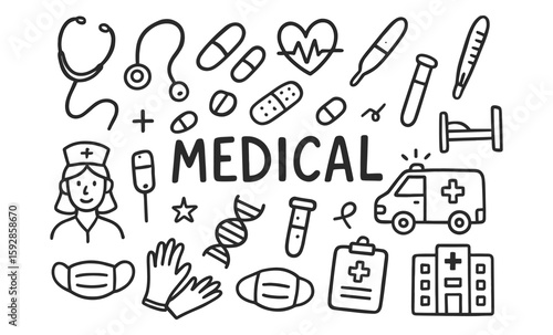 Hand drawn medical doodle set with healthcare elements and symbols