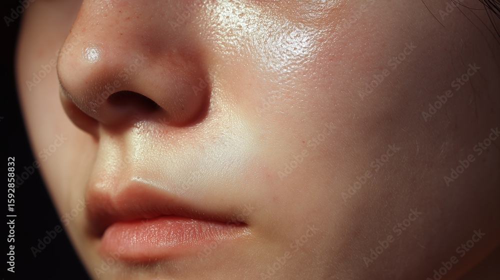 Fototapeta premium Captivating close-up of radiant and luminous female face, showcasing the inherent beauty of natural skin. A beautiful woman with dewy skin and smooth, flawless features.