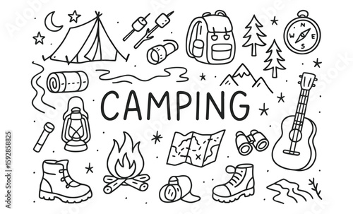 Hand drawn camping elements featuring tent, backpack, campfire, and more outdoor adventure icons