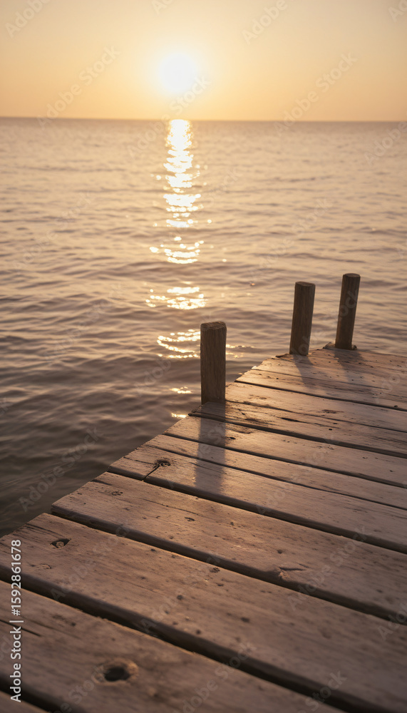 Fototapeta premium Wooden pier extending into calm water at sunset with golden reflection