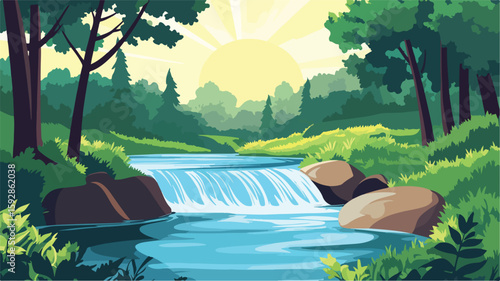 Serene River Flowing Through Lush Green Forest - Nature Landscape Scene