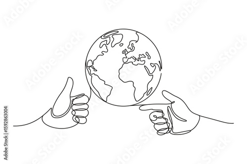 Continuous Line Art of Planet with Hands – Unity and Earth Day Symbol
