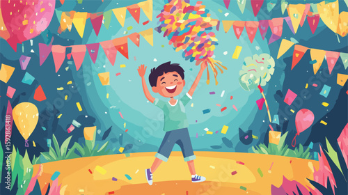 Boy hitting pinata at festive party