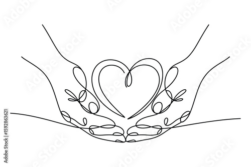 Continuous Line Vector of Supportive Hands with Heart Shape