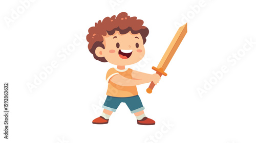 Joyful boy with wooden sword illustration