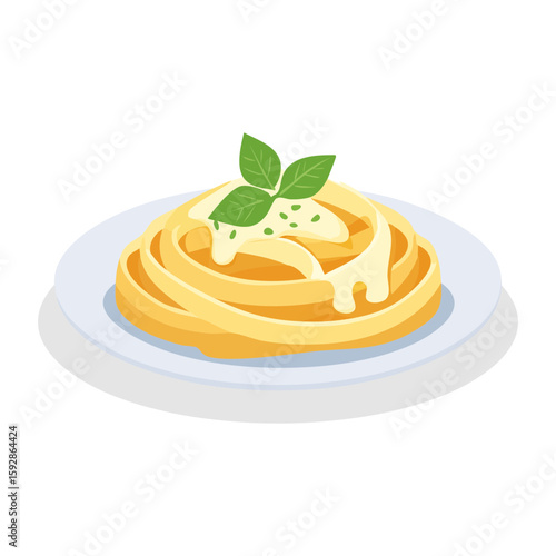 Delicious Fettuccine Alfredo pasta dish with creamy sauce and fresh basil leaves on a plate