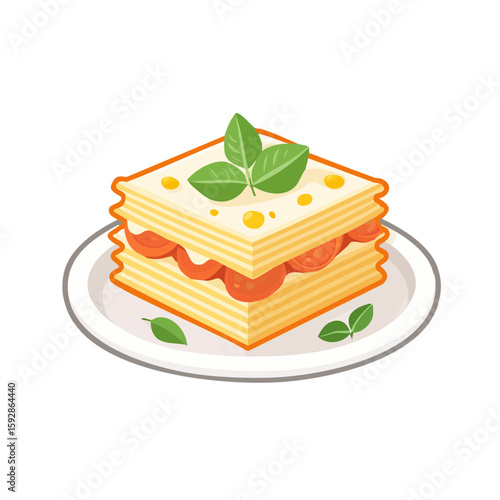Delicious lasagna on a plate, a culinary delight with vibrant flavors and textures. This illustration features a square slice of lasagna with layered pasta, savory sauce, and fresh basil leaves.