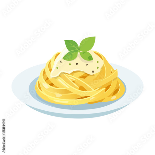 Delicious pasta with creamy sauce, basil leaves on a white plate, ready to be enjoyed. This culinary image of a pasta meal is perfect for restaurant menu, food blogs and cooking projects