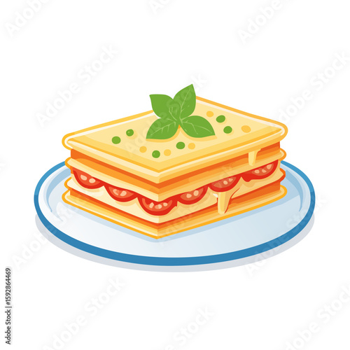 Delicious layered lasagna on a plate. The lasagna features layers of pasta, sauce, cheese, and toppings, beautifully presented with a fresh basil garnish. The image is a culinary delight