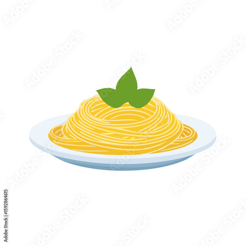 A plate of delicious spaghetti with basil garnish. A vibrant close-up of freshly cooked pasta.