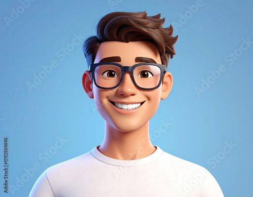 Cartoon boy with glasses, smiling broadly