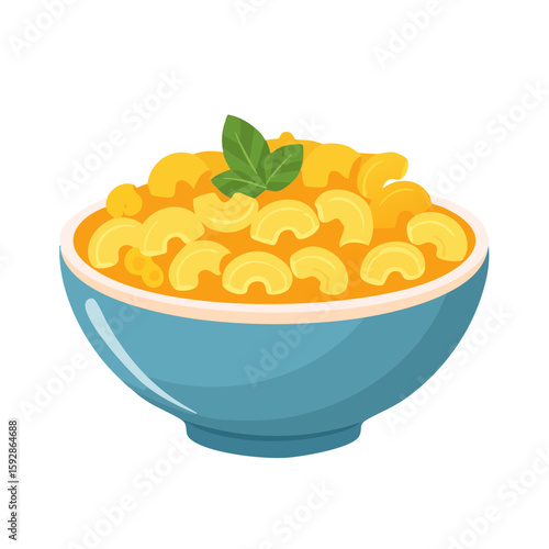 A delightful bowl of macaroni and cheese garnished with a fresh basil leaf, a culinary classic presented in a vibrant manner