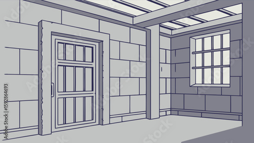 Illustration of prison cell interior with barred window stone walls and locked door concept art drawing