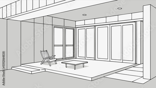 Modern patio design with chair table and sliding doors outdoor living space architecture rendering minimalist style