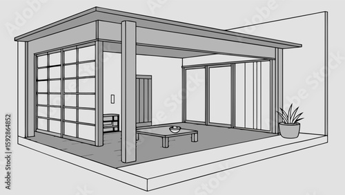 Modern home design with sliding glass doors and minimalist interior design style in gray color scheme style
