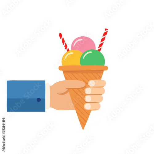 Hand holding colorful ice cream in a waffle cone. The ice cream features three scoops with two red wafer sticks.
