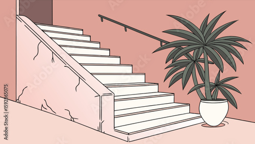 Illustrated staircase interior design with potted palm tree and handrail in modern style home decor