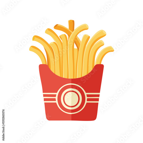 A vibrant illustration of a box filled with french fries. The fries are golden and crispy, and the box is red and inviting. The scene is mouthwatering