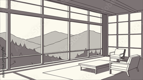 Modern living room interior design with mountain view through large windows and stylish furniture