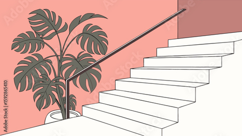 Modern interior design with monstera plant, staircase, and pink walls for home decor inspiration ideas