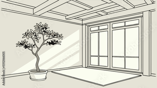 Interior design illustration of living room with plant window and ceiling beams in monochrome style art
