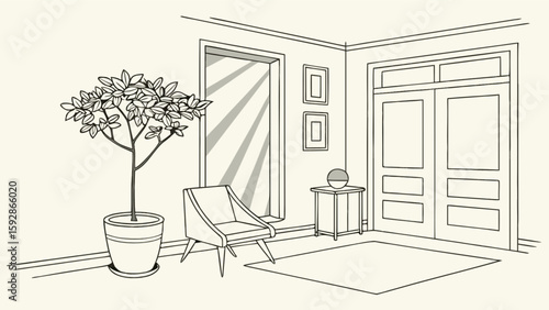 Interior design sketch of living room with potted plant chair and door for home decor inspiration art