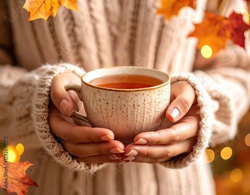 Woman holding tea cup in autumn setting