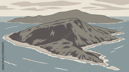 Island landscape scenery vector art with ocean view and rocky mountain range for travel and tourism design