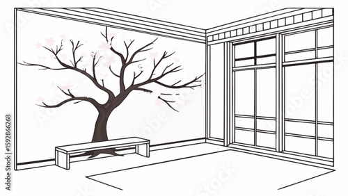 Minimalist interior design with tree wall art and bench near window for home decor inspiration ideas