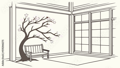 Illustration of interior design with tree bench and window for home decoration ideas and inspiration
