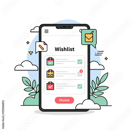 Modern flat illustration of a smartphone displaying a wishlist interface with shopping bag icons, cloud and leaf elements, and speech bubbles. the setting is a clean white background with afeaturing