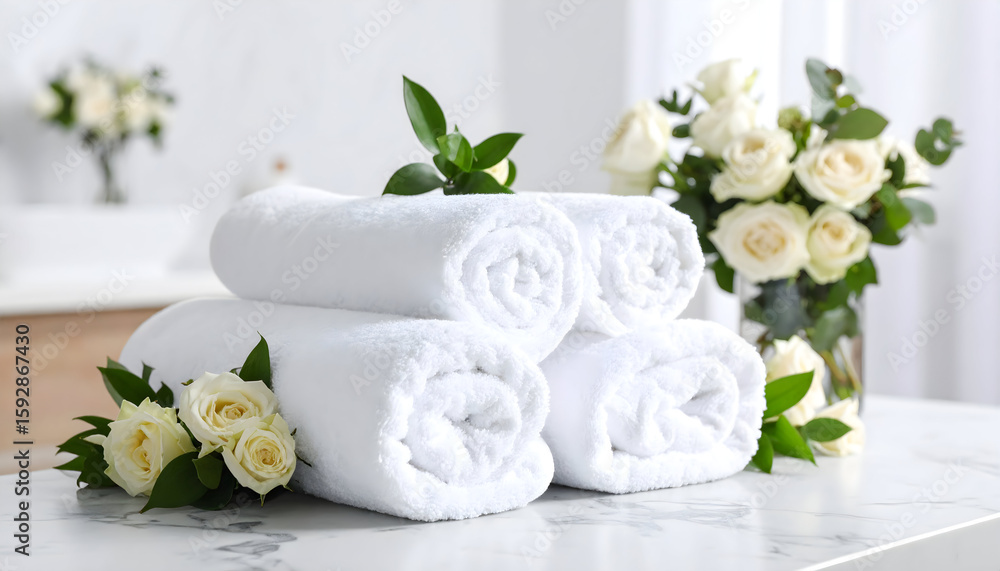 White Rolled Towels and White Roses on Marble Table White Rolled Towels and White Roses on Marble Table
