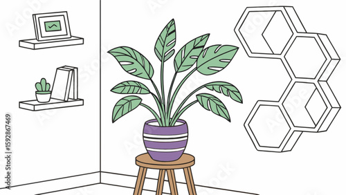 Indoor potted plant on stool with shelves and hexagon wall decor illustration design concept vector