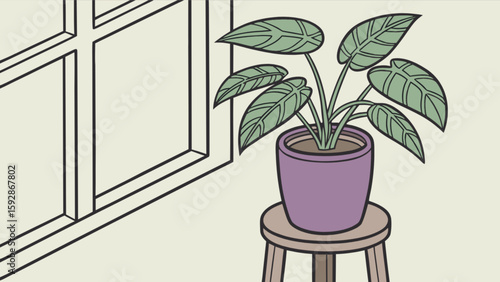 Indoor plant illustration in purple pot near window on stool home decor design drawing art vector