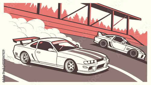 Drifting racing cars speeding on track vector illustration for automotive and motorsport enthusiasts