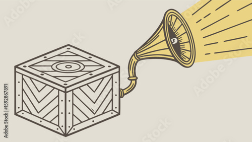 Vintage phonograph coming out of a wooden crate vector illustration music and sound design element art 1920s