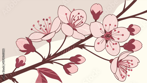 Beautiful cherry blossom branch illustration vector design japanese spring floral background aesthetic art