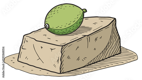 Illustration of feijoa fruit on tofu block vegan food plant based diet healthy eating vegetarian cuisine art