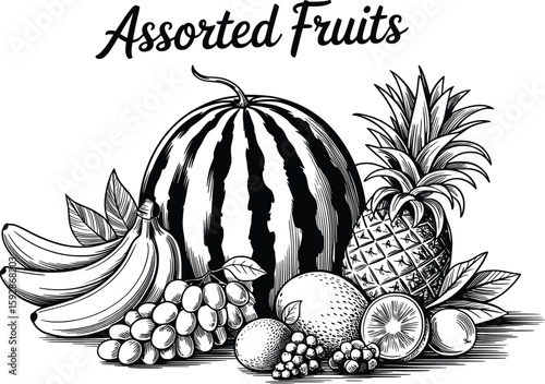 Assorted Fruits Vector Illustration, Tropical Fruit Collection in Black and White.


