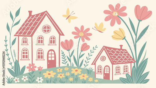Cute spring houses landscape vector illustration with flowers and butterflies for backgrounds and prints design
